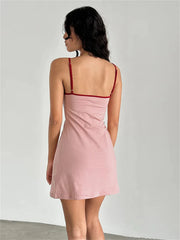 LIZAKOSHT - Color-Block Bow Spaghetti Strap Mini Dress Slim A-Line Summer Dress For Women Chic Summer Fashion Casual Outings