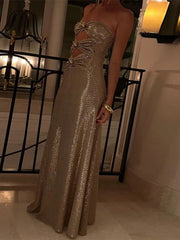 LIZAKOSHT - Strapless Hollow Out Sequined Long Dress Woman Sexy Ruffle Sleeveless Maxi Dress Lady High Street Evening Party Vestidos