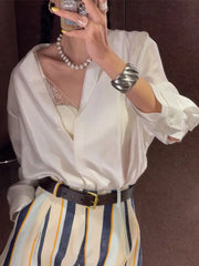 LIZAKOSHT - Striped Pleated Casual Bottom Adjustable Waist A-Line Spring Summer Chic Seaside Shopping Casual Work Women Retro Outfit