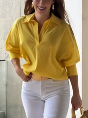 LIZAKOSHT - Women Elegant Solid Color Cotton Blouse Summer Casual V Neck Loose Shirt Trendy Lapel Office Lady Shirts Tops 2025 New