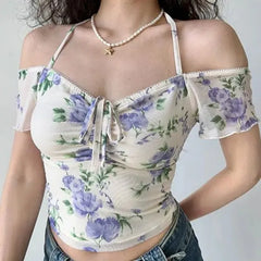 LIZAKOSHT - European and American Style Printed Mesh V-neck Short Sleeved T-shirt, Summer Slim Fit, Waistband, Hanging Neck Short Top