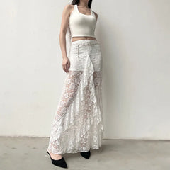 LIZAKOSHT - Fashion Irregular Lace See Through Long Skirt For Women Rose Jacquard Tassel Patchwork High Waisted Skirt Female Summer