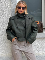 Lizakosht Double Breasted Army Green Pockets Short Jacket for Women Winter Autumn Casual Streetwear Short Trench Windbreak
