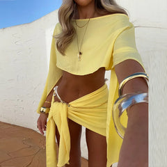 LIZAKOSHT - Summer Skew Collar Long Sleeve Blouse Top+Skirts Beach Outfits Sexy Asymmetric Dresses Suit Hawaii Vacation Two Piece Women Set