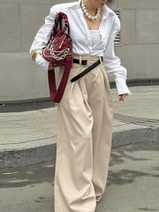 LIZAKOSHT - Casual Khaki Pleated Wide Legs Pants Women Chic High Waist Baggy Trousers Female 2025 Spring Summer New Fashion Office Pant