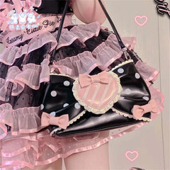 LIZAKOSHT - Sweet Girls Pink Sugar Wave Point Pearl Chain Bowknot Bags Lolita Bags Black Girls Cute Love Ruffle Portable Cosplay Lolita Bags