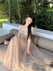 LIZAKOSHT - Woman Dress Bow Sleeveless Slash Neck Mesh Patchwork Princess Sweet Elegant Summer Fashion Party Dresses Female