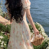 LIZAKOSHT - Summer Elegant Puff Sleeve France Dress Female High Waist Slim Floral Print Holiday Midi Dress Women One Piece Beach Dress