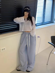 LIZAKOSHT - Casual Drawstring High Waist Color-blocking Striped Pants for Women Summer New Retro Loose Straight Long Wide Leg Pants