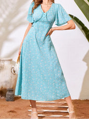 LIZAKOSHT - Summer New Flare Sleeve Elegant Print Dress Women Fashion High Waist A-line Beach Dress Lady Floral Holiday Dress