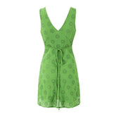 LIZAKOSHT - 2024 Women Green Floral Embroidery Tank Summer Dresses Sexy Sleeveless V Neck A-line Short Dress