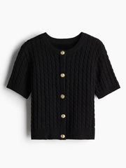 LIZAKOSHT - Elegant Knitted Single Breasted Cardigan Women Casual O-neck Short Sleeve Sweater Sweater 2025 Spring All-match Lady Knitwear