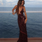 LIZAKOSHT - Glitter Sequins Spaghetti Straps Women's Long Maxi Dress Sleeveless Backless High Waist Sexy Evening Birthday Party Gown