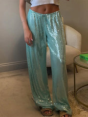 LIZAKOSHT - Chic Sequined Long Pants For Women High Waist Lace Up Ankle-length Loose Trousers 2025 Spring Summer Fashion Female Y2k Pant
