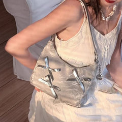 LIZAKOSHT - Korean Fashion Sweet Bow Underarm Bags Women Silver Commuter Shoulder Crossbody Bag