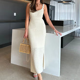 LIZAKOSHT - Summer Hollow Backless Knitted Dress Women Sexy Off Shoulder Slim Split Long Dress Casual Vacation Sleeveless Beach Dresses