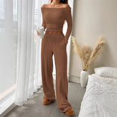 LIZAKOSHT - Fall Winter Women 2 Piece Set Solid Off Shoulder Long Sleeve Top Elastic Waist Wide Leg Pants Fashion Casual Outfit