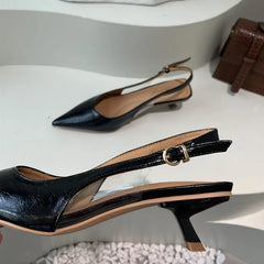 LIZAKOSHT - Black Summer New Women Sandal Fashion Pointed Toe Shallow Slip On Ladies Elegant Slingback Shoes Thin Med Heel Dress Mules