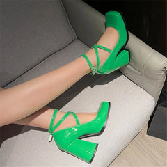 LIZAKOSHT - Mary Janes Patent Leather Square Toe Cross Tie High Heels Women Pumps Buckle Strap Shallow Popular Classic Sweet Female Shoes