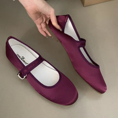 LIZAKOSHT - Comfort Satin Soft Sole Ladies Mary Jane Shoes Fashion Round Toe Shallow Women Flats Elegant Buckle Prom Designer Ballet Shoes