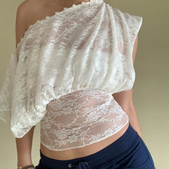 LIZAKOSHT - Stylish Delicate Lace Off Shoulder Short Tops Holiday Style Buttons Waist-cinching Shirts Lady Club Party Popular Streetwears