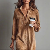 LIZAKOSHT - Autumn Elegant Women Maxi Lapel Shirt Dresses 2025 Corduroy Vintage Ladies Solid Color Loose Long Sleeve Dress Vestidos