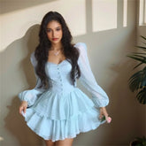 LIZAKOSHT - Casual Fashion Spring and Summer New Ruffles Patchwork Square Collar Long Sleeve High Quality Dress Solid Color Women's Clothing