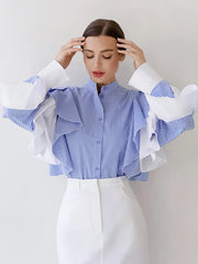 LIZAKOSHT - Oversized Blue Shirts Women Autumn Patchwork Ruffle Sleeve Striped Blouses Female French Elegant Casual Single Breasted Blusas