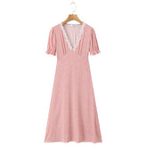 LIZAKOSHT - Vintage French Style Polk Dot Print Spliced Lace Deep V neck Short Sleeve Dress Woman A-lined Midi Long Dresses Vestidos Robe