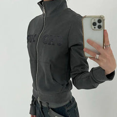 LIZAKOSHT - Stand Collar Jacket High Quality Letter Printed Zipper American Retro Women'S Slim Fit Versatile Casual Sweatshirt