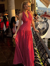 LIZAKOSHT - Modern Hipster Women Maxi Dress Elegant Point Print Halter V-neck Backless Bodycon Female High Street Festival Vestidos