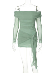 LIZAKOSHT - Mesh Pleated Patchwork Mini Dress For Women Slim Off-Shoulder Fashion Summer 2024 Bandage Dress Female Solid Mini Dress