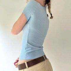 LIZAKOSHT - Shirt Striped Buttoned Polo Collar Blue Basic Slim Fit Thin Top American Hot Girl Shows Her Figure Sexy Trendy T