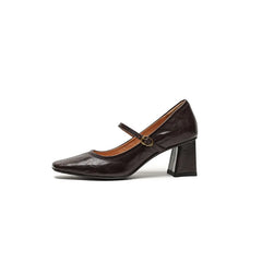 LIZAKOSHT - New square toe shallow mouth classic with leather upper and simple style Thick Heel shoes