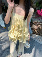 LIZAKOSHT - Camis Women Sweet Ruffles Patchwork Slash Neck Backless Summer Fashion Solid Tank Tops Female French Style Chic