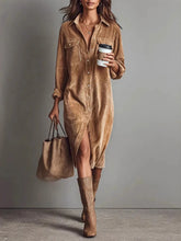 LIZAKOSHT - Autumn Elegant Women Maxi Lapel Shirt Dresses 2025 Corduroy Vintage Ladies Solid Color Loose Long Sleeve Dress Vestidos