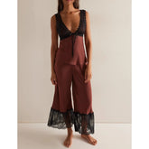 LIZAKOSHT - Womens 2Pieces Lace Patchwork Satin Outfits Set Y2k Going Out Sleeveless Tied Open Back Camis+ Long Pants Loungewear