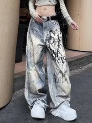 LIZAKOSHT - Y2K Letter Gradient Jeans Women Streetwear Fall American Vintage Denim Pants High Street Loose Straight Retro Wide Leg Trousers