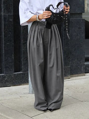 LIZAKOSHT - French Commuter Pleated Gray Suit Pants Women 2026 Autumn Street Wear Fashion Casual Loose Versatile Wide-leg Trousers