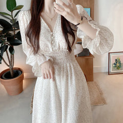 LIZAKOSHT - Korean Floral Print Midi Dresses for Women Summer New Pleated Slim Waist V-neck Long Sleeves Chiffon Sweet Female Clothing