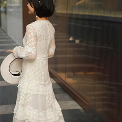 LIZAKOSHT - Vintage Long Sleeve Party Dress for Women Casual Deep V Floral Embroidery Boho Dresses Summer Casual Lace Vestidos