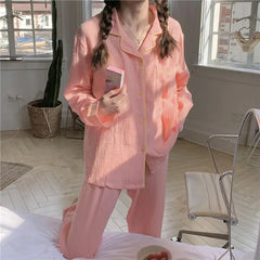 LIZAKOSHT - Women's Pajamas Set Spring Autumn Long Sleeve Ladies Korea Style Sleepwear 2 Pcs With Pant Solid Home Suit For Female