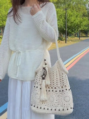 LIZAKOSHT - Fashion Women's Handbag with Wooden Bead Tassel One Shoulder Bag Cotton Woven Design Zipper Closure Totes