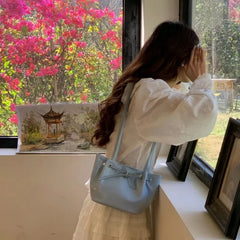 LIZAKOSHT - Korean Bow Drawstring Pu Leather Women Shoulder Bag Fashion All Match Bucket Bag Y2k Shopper Handbag Bolsos Para Mujer