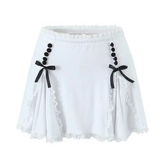LIZAKOSHT - Sweet Women Lace Trim Bow A-line Mini Skirt Ladies Low Waist Summer Skirts With Underwear