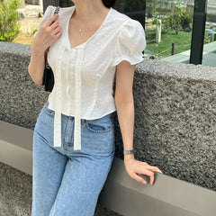 LIZAKOSHT  -  Women Shirts Casual Slim V-Neck Puff Sleeve Lace-up Solid Cardigan Fashion Sweet Style Chic High Waist Short Blouses Streetwear