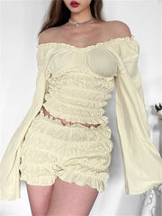 LIZAKOSHT - Summer Fashion Ruffles Chic 2 Piece Set Elegant Party Outfits Women 2024 Sexy Off Shoulder Long Sleeve Ruched Shorts Set