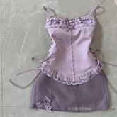 LIZAKOSHT - Sweet Lace Patchwork Short Camisole Vest for Women Summer High Waist Bow Bodycon Skirts Two Piece Sets 2025 Fashion New