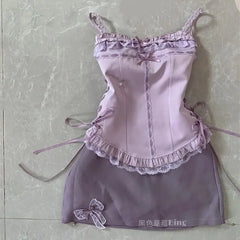 LIZAKOSHT - Sweet Lace Patchwork Short Camisole Vest for Women Summer High Waist Bow Bodycon Skirts Two Piece Sets 2025 Fashion New