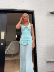 LIZAKOSHT - Fashion Solid Draped Long Dress For Women V-neck Sleeveless Transparent Robe 2025 Summer Elegant Female Evening Party Dresses